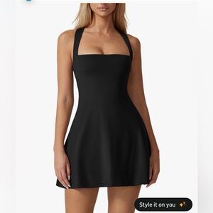 QINSEN Womens Square Neck Tennis Dress Sleeveless Built in Shorts Golf Athletic